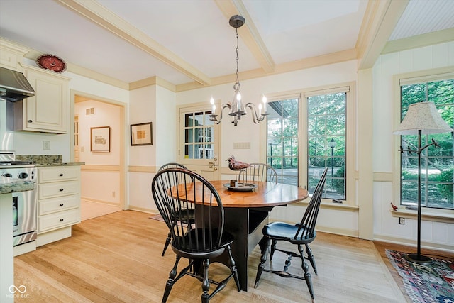 6280 N Chester Ave, Indianapolis, IN 46220 - dining room featuring light wood-style flooring, beam ceiling, and a chandelier