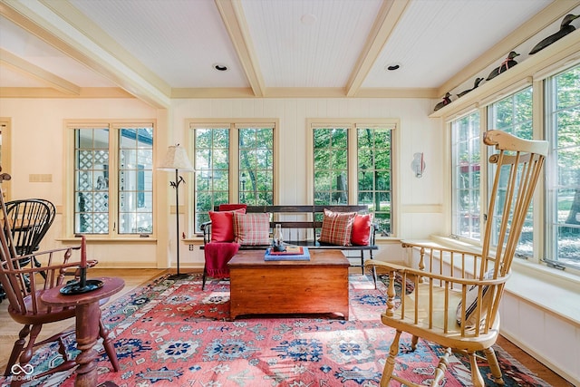 6280 N Chester Ave, Indianapolis, IN 46220 - sunroom featuring beamed ceiling, wood finished floors, a decorative wall, french doors, and a wainscoted wall