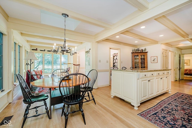 6280 N Chester Ave, Indianapolis, IN 46220 - dining space featuring light wood-type flooring, a chandelier, beam ceiling, coffered ceiling, and recessed lighting