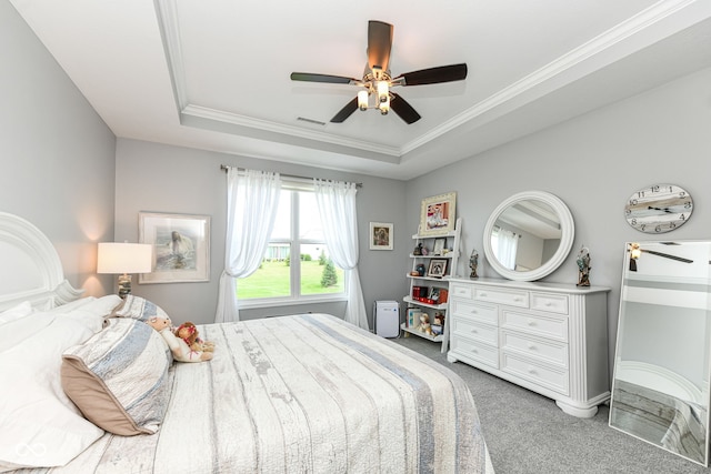 13427 Merryvale St, Fishers, IN 46037 - bedroom featuring a tray ceiling, light colored carpet, crown molding, and a ceiling fan