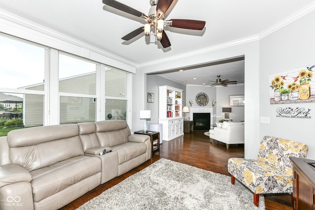 13427 Merryvale St, Fishers, IN 46037 - living area featuring ceiling fan, dark wood-type flooring, crown molding, and a fireplace