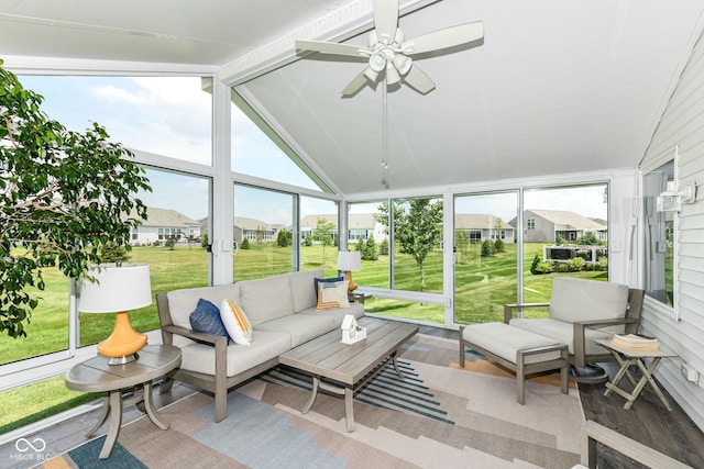 13427 Merryvale St, Fishers, IN 46037 - sunroom / solarium with lofted ceiling, a ceiling fan, outdoor lounge area, and a residential view