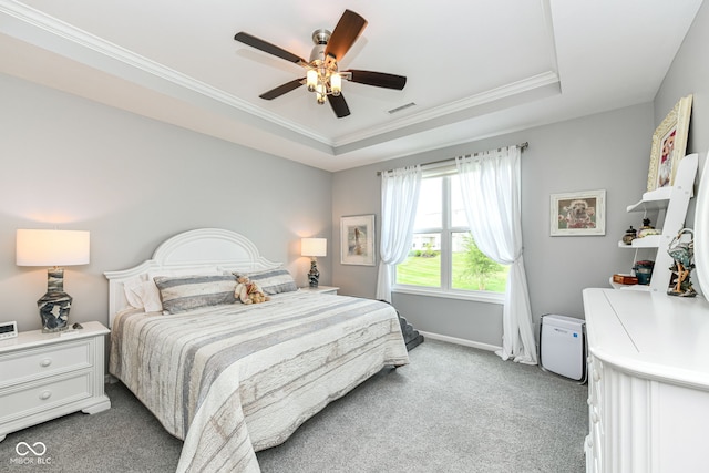 13427 Merryvale St, Fishers, IN 46037 - bedroom featuring carpet flooring, ornamental molding, a raised ceiling, and ceiling fan