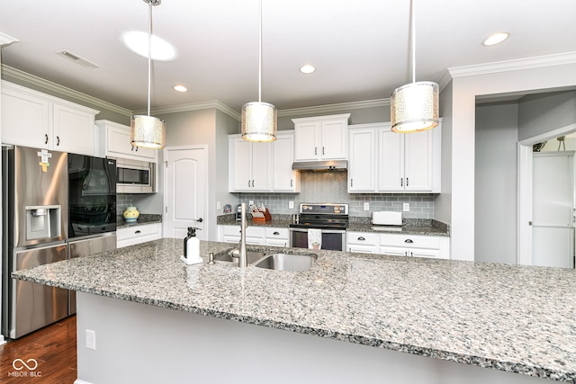 13427 Merryvale St, Fishers, IN 46037 - kitchen featuring appliances with stainless steel finishes, ornamental molding, under cabinet range hood, white cabinets, and dark wood-style flooring