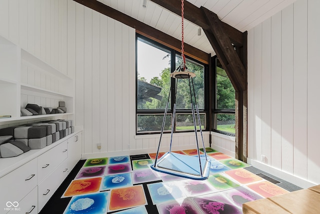 1616 W 116th St, Carmel, IN 46032 - bedroom featuring multiple windows, wooden walls, and wood ceiling