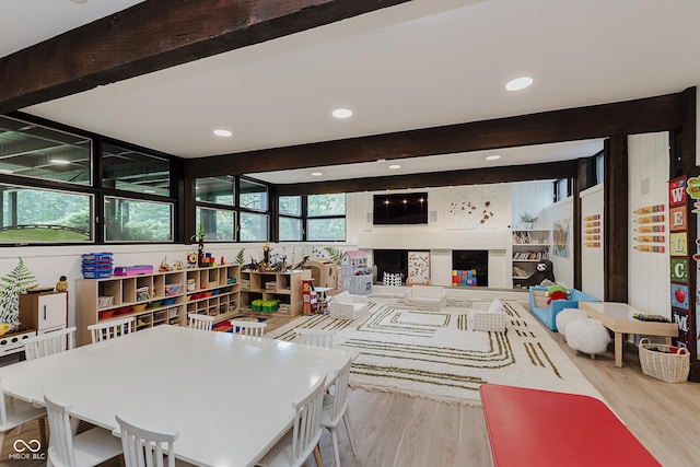 1616 W 116th St, Carmel, IN 46032 - game room with wood finished floors, beam ceiling, and recessed lighting