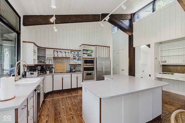 1616 W 116th St, Carmel, IN 46032 - kitchen featuring stainless steel appliances, dark wood-type flooring, open shelves, light countertops, and wood ceiling