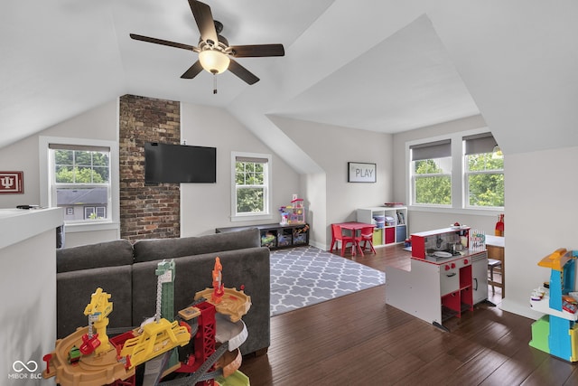 3101 N Washington Blvd, Indianapolis, IN 46205 - playroom featuring a ceiling fan, plenty of natural light, vaulted ceiling, and wood finished floors