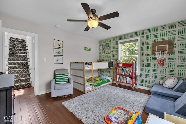 3101 N Washington Blvd, Indianapolis, IN 46205 - living area featuring wallpapered walls, a ceiling fan, and wood finished floors