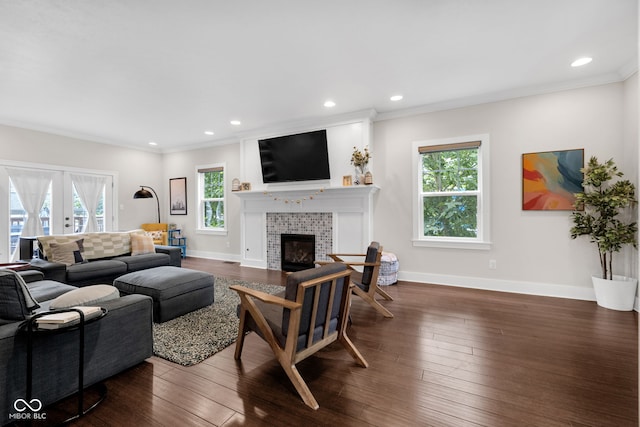 3101 N Washington Blvd, Indianapolis, IN 46205 - living area with a fireplace, crown molding, dark wood-type flooring, recessed lighting, and french doors