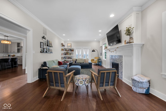 3101 N Washington Blvd, Indianapolis, IN 46205 - living room with dark wood-style floors, recessed lighting, a fireplace, french doors, and crown molding