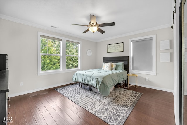 3101 N Washington Blvd, Indianapolis, IN 46205 - bedroom featuring crown molding, hardwood / wood-style floors, and a ceiling fan