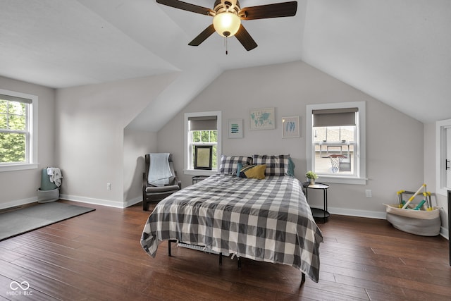 3101 N Washington Blvd, Indianapolis, IN 46205 - bedroom featuring dark wood-style floors, vaulted ceiling, and a ceiling fan