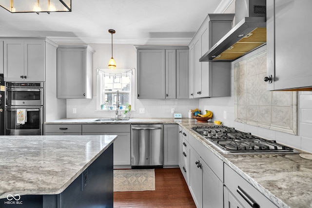 3101 N Washington Blvd, Indianapolis, IN 46205 - kitchen featuring wall chimney range hood, appliances with stainless steel finishes, and tasteful backsplash