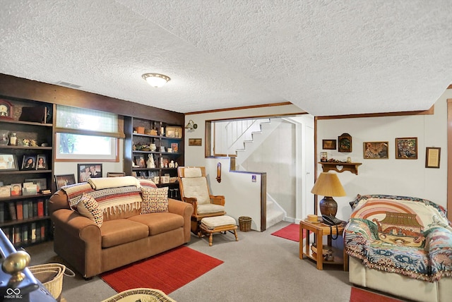 2777 S 600 E, Franklin, IN 46131 - living area with stairs, carpet flooring, and a textured ceiling