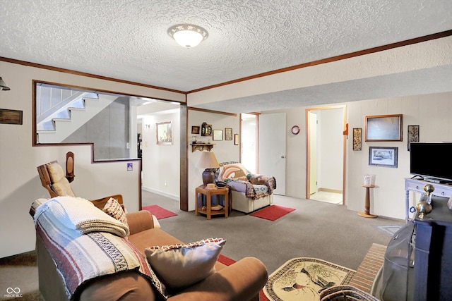 2777 S 600 E, Franklin, IN 46131 - carpeted living area with a textured ceiling, crown molding, and stairway