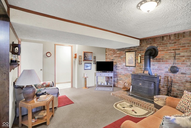 2777 S 600 E, Franklin, IN 46131 - living room with a wood stove, a textured ceiling, carpet flooring, and brick wall