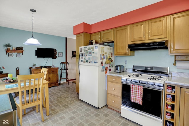 2777 S 600 E, Franklin, IN 46131 - kitchen featuring white appliances, range hood, light countertops, light flooring, and hanging light fixtures