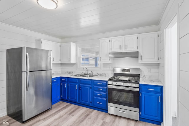 2829 Dakota Dr, Anderson, IN 46012 - kitchen with appliances with stainless steel finishes, under cabinet range hood, blue cabinets, white cabinetry, and wooden ceiling