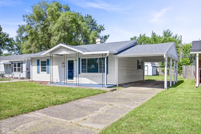 2829 Dakota Dr, Anderson, IN 46012 - ranch-style home with concrete driveway, an attached carport, roof with shingles, a chimney, and covered porch
