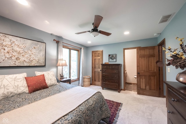 3711 Tara Ct, Carmel, IN 46074 - bedroom featuring light colored carpet, recessed lighting, ceiling fan, and ensuite bathroom