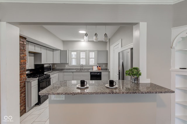 4155 Graceland Ave, Indianapolis, IN 46208 - kitchen with black appliances, a peninsula, stone countertops, light marble finish floors, and gray cabinets