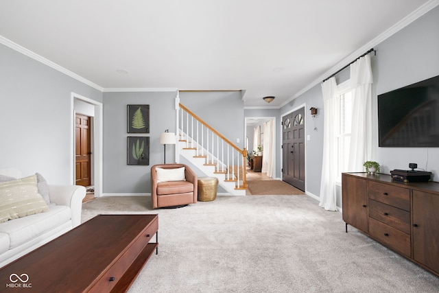 10198 N State Road 75, North Salem, IN 46165 - carpeted living area featuring stairs and ornamental molding