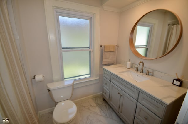 4930 Primrose Ave N, Indianapolis, IN 46205 - bathroom featuring vanity, marble finish floors, and ornamental molding