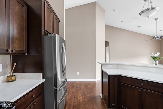 1418 Blackthorne Trl S, Plainfield, IN 46168 - kitchen featuring freestanding refrigerator, dark wood-style floors, light countertops, and dark brown cabinets