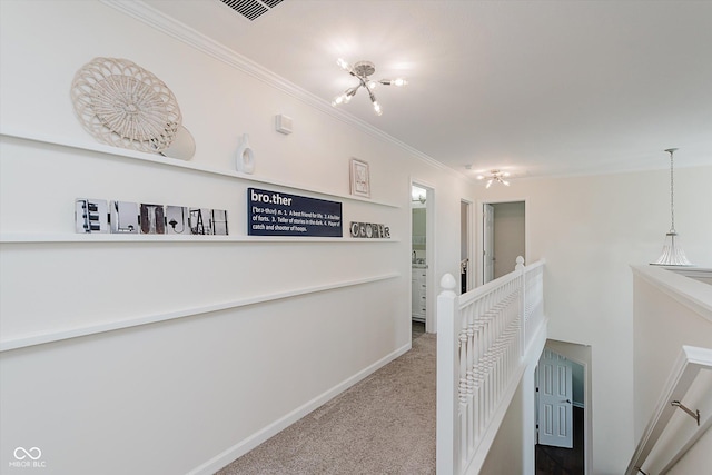 6036 W Bayfront Shrs, Mccordsville, IN 46055 - hallway featuring an upstairs landing, carpet flooring, and crown molding