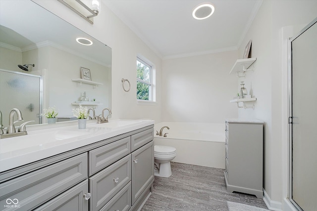 6036 W Bayfront Shrs, Mccordsville, IN 46055 - full bathroom with a stall shower, ornamental molding, wood finished floors, double vanity, and a bath
