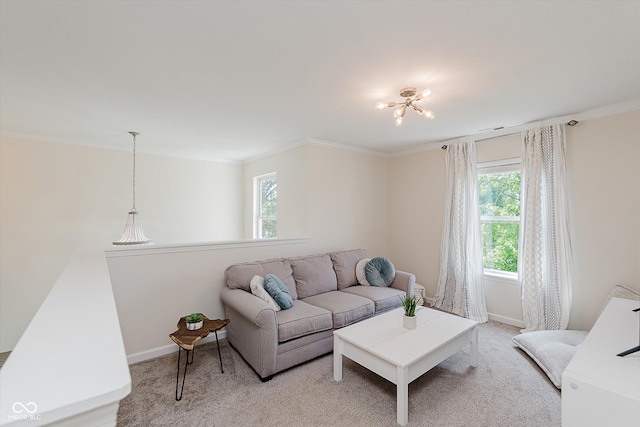 6036 W Bayfront Shrs, Mccordsville, IN 46055 - living room with plenty of natural light, light carpet, and ornamental molding