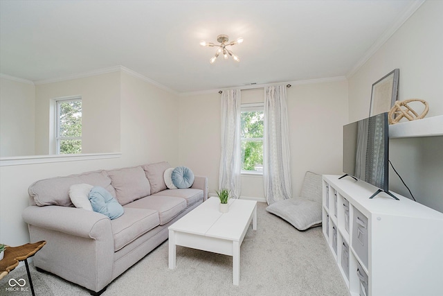 6036 W Bayfront Shrs, Mccordsville, IN 46055 - living room with light colored carpet, crown molding, and a chandelier