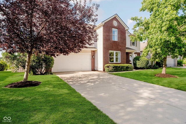 6036 W Bayfront Shrs, Mccordsville, IN 46055 - traditional-style house with brick siding, concrete driveway, a front lawn, and an attached garage