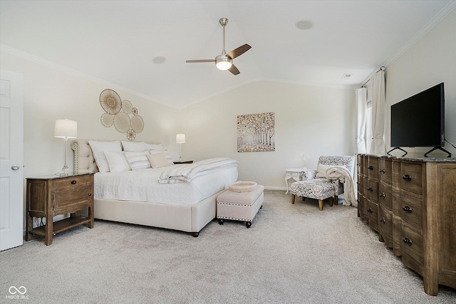 6036 W Bayfront Shrs, Mccordsville, IN 46055 - bedroom featuring light carpet, lofted ceiling, ornamental molding, and ceiling fan