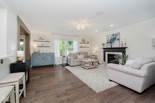 6036 W Bayfront Shrs, Mccordsville, IN 46055 - living room with wood finished floors, recessed lighting, a glass covered fireplace, ornamental molding, and a chandelier