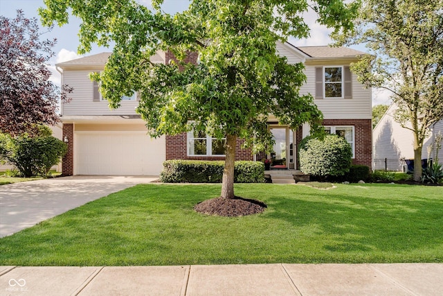 6036 W Bayfront Shrs, Mccordsville, IN 46055 - view of property hidden behind natural elements featuring brick siding, concrete driveway, an attached garage, and a front lawn