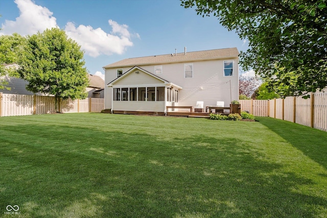 6036 W Bayfront Shrs, Mccordsville, IN 46055 - back of property featuring a sunroom, a fenced backyard, and a wooden deck