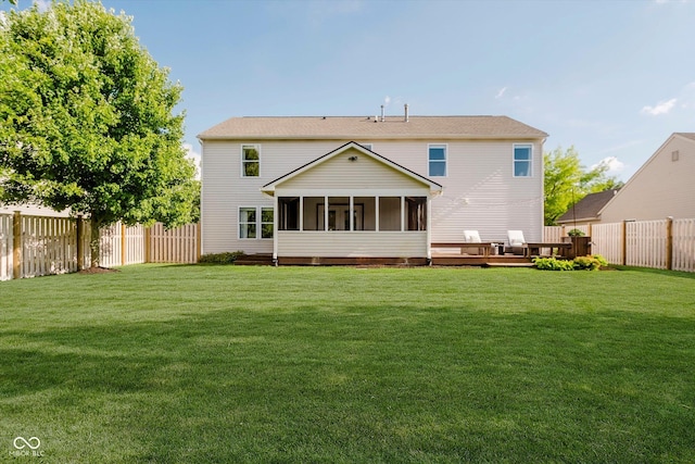 6036 W Bayfront Shrs, Mccordsville, IN 46055 - rear view of property with a sunroom, a fenced backyard, and a wooden deck