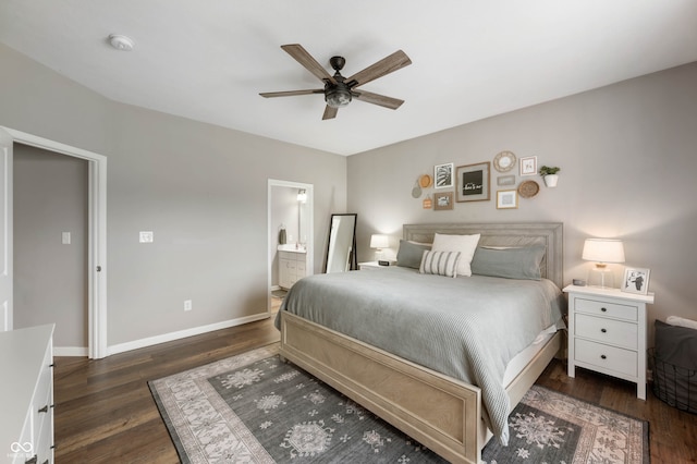 6420 Colt Ln, Anderson, IN 46013 - bedroom featuring dark wood-style floors, ensuite bath, and a ceiling fan