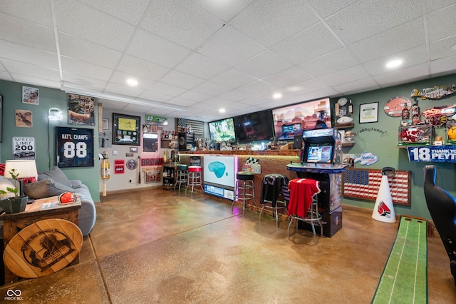 6420 Colt Ln, Anderson, IN 46013 - indoor dry bar with finished concrete floors, a drop ceiling, and recessed lighting