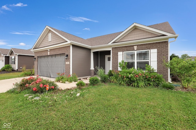 757 Carson Ln, Greenfield, IN 46140 - ranch-style home with brick siding, an attached garage, a front lawn, and driveway