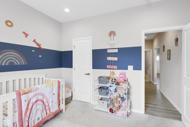 757 Carson Ln, Greenfield, IN 46140 - carpeted bedroom featuring a crib and recessed lighting