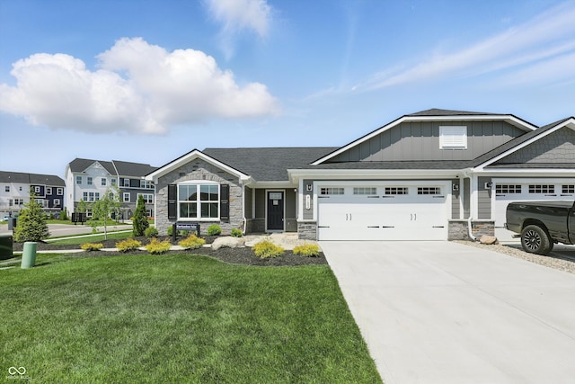 4182 Hume Ave, Plainfield, IN 46168 - craftsman inspired home featuring stone siding, board and batten siding, a front yard, a garage, and driveway