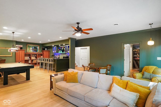 5720 Hickory Hollow Dr, Plainfield, IN 46168 - living area with a bar, recessed lighting, a ceiling fan, light wood-style floors, and billiards table