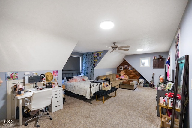 5720 Hickory Hollow Dr, Plainfield, IN 46168 - bedroom with carpet flooring, lofted ceiling, a desk, and a ceiling fan