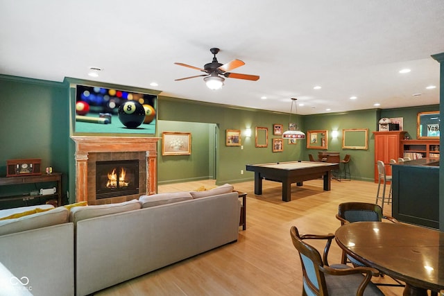 5720 Hickory Hollow Dr, Plainfield, IN 46168 - living room featuring billiards table, recessed lighting, ceiling fan, light wood-type flooring, and a tiled fireplace