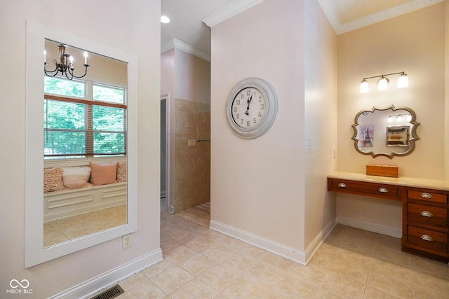 5720 Hickory Hollow Dr, Plainfield, IN 46168 - hall with crown molding, light tile patterned floors, an office area, and a chandelier