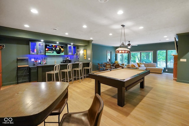 5720 Hickory Hollow Dr, Plainfield, IN 46168 - game room featuring wet bar, billiards, recessed lighting, light wood-type flooring, and a ceiling fan