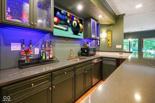 5720 Hickory Hollow Dr, Plainfield, IN 46168 - indoor wet bar featuring dishwasher, black microwave, crown molding, and recessed lighting